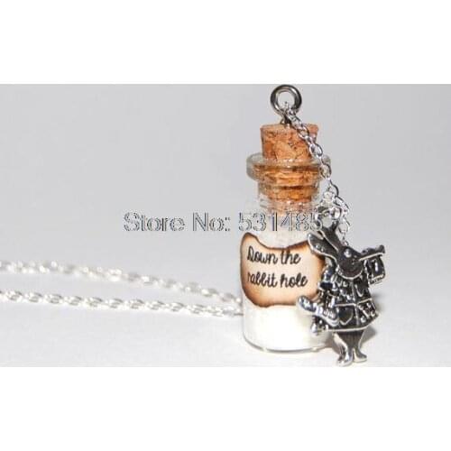 12pcs/lot Alice In Wonderland Handmade Glass Bottle Necklace - The White Rabbit down the rabbit hole message silver necklace