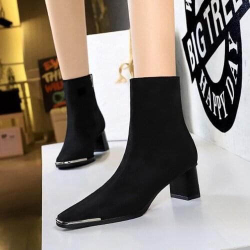 Ankle Boots European American Style Winter Fashion Metal Thick Heel High Heel Suede Sexy Nightclub Slim Square Toe Short Boots