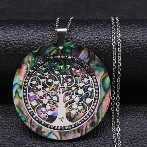 Tree of Life Crystal Stainless Steel Chain Necklaces Women Silver Color Big Necklaces Pendants Jewelry collar mujer NXS04