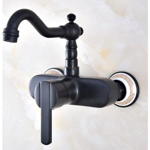 Black Oil Rubbed Bronze Bathroom Kitchen Sink Faucet Mixer Tap Swivel Spout Wall Mounted Single Handle mnf874
