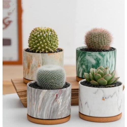 Colorful Marble Flower Pot with Tray Nordic Ceramic Round Green Plant Succulents Pot with Hole Home Office Desktop Mini Decor