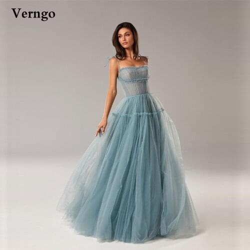 Verngo 2021 Elegant Dusty Blue Pink Long Evening Dresses With Tie Straps Tulle Maix Prom Gowns Women Formal Occasion Party Dress