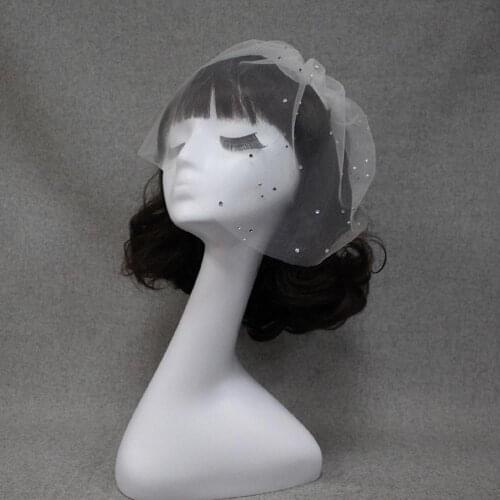 European retro wedding White lace veils womens Headdress Mesh Beads Rhinestones Blusher Veil Bridal Veil Wedding accessories