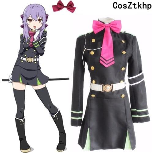 Anime Seraph Of The End Owari no Seraph Hiiragi Shinoa Cosplay Costumes Full Sets (Dress+Belt+Necktie+Armband+String+Headwear)