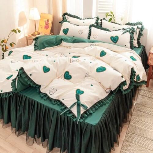 Lace bed skirt four-piece Korean style brushed princess style duvet cover bed cover pillowcase three-piece bedding