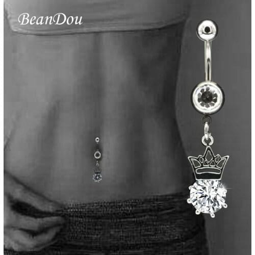 Fashion Lovely Girls Belly Button Ring Princess Crown Dangle 316L Surgical Steel Zircon Crystal Ombligo Nombril Navel Piercing
