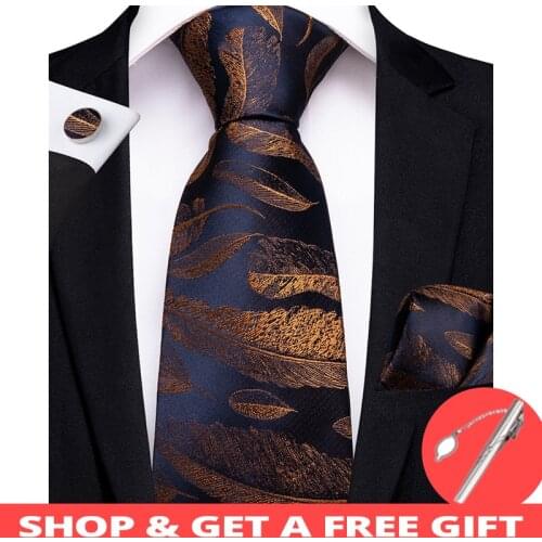 DiBanGu Fashion Golden Blue Men Gifts Tie Clip 150cm Long Tie for Men Hanky Cufflinks Tie Wedding Party Business Tie Set MJ-7194