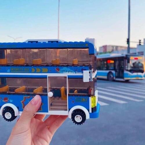 Idea Series Modern School Bus Building Blocks Cute City Bus Double-Decker Bus Bricks Model Set Toys For Boy Birthday Gifts