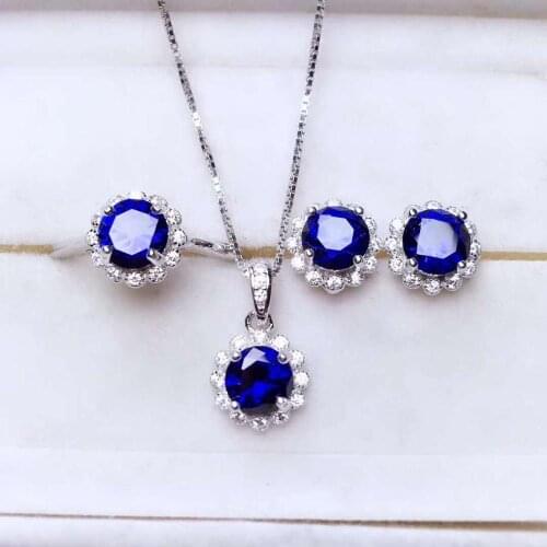 Natural Sapphire S925 Earrings Ring Pendant Necklace Set Anniversary Gift Fine Fashion Jewelry for Women Free Shipping MeibaPJFS
