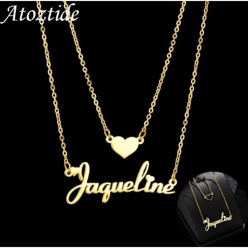 Atoztide Customized Name Necklace Heart Choker Stainless Steel Golden Letter Double Layers Chain Pendant Jewelry for Women Gift