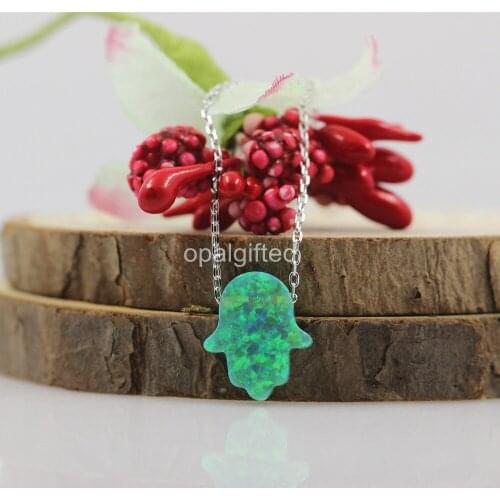 2020 Hot Sale 11*13mm op11 green Opal Hamsa Necklace O chain Opal Hand/Hamsa Necklace Fatima Hand for Gift & Party women