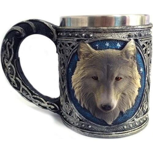 Hot Retro Wolf Head Stainless Steel Resin Beer Juice Milk Water Cup Home Office Coffee Mug Cup Viking Tea Mug Pub Bar Decoration