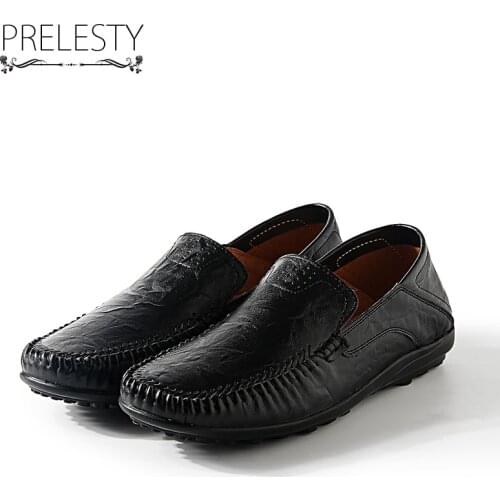 Prelesty Brands Fashion Handmade Genuine Leather Men Flats Men Casual Shoes Slip-on Loafers Soft Driving Breathable