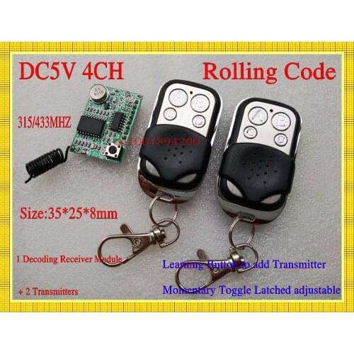 DC 5V 4CH Rolling Code Remote Control Receiver Module + 2Transmitters RF Wireless Decoding Receiver Module Learning 315/433 TTL