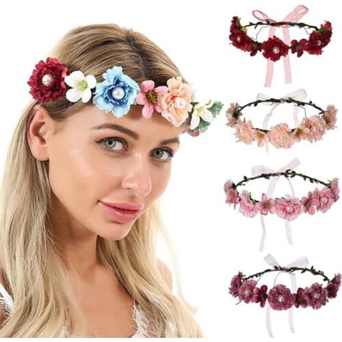 Adjustable Handmade Floral Crown Colorful Flower Hair Wreath with Ribbon Crown Adjustable Garland Wedding Photo Props