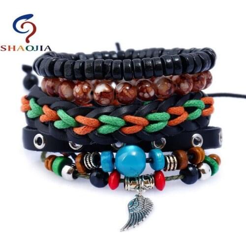 SHAOJIA New 4Pcs/set DIY Combination Woven Men Multilayer Charm Leather Feather Bracelets For Women Fashion Ethnic Style Jewelry