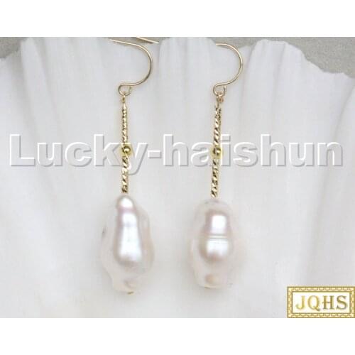 Super Luster Baroque 2" 18mm white Reborn keshi pearls Earrings 14K hook c231