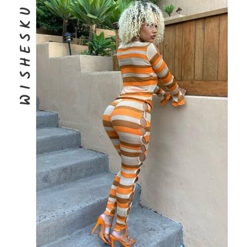 Knitted Two Piece Set Women Tracksuits Stripe Print Long Sleeve Cardigan Top Hollow Out Pants Fitness Sexy Night Club Outfits