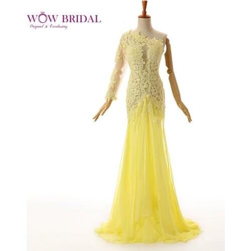 Wowbridal Graceful Yellow Goose Long Prom Dress 2021 One-Shoulder Appliqued Lace Full Sleeve Sheer Back Chiffon Ruffles Mermaid