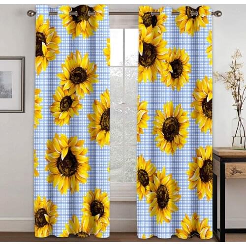 3D Blue Bright Sunflower Flower Pattern Blackout Curtain Set Hook, Suitable for Home Curtains In Living Room and Bedroom