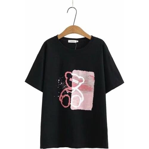 Plus size cotton bear print O-Neck short sleeve loose tshirt 2021 new summer casual black white ladies t shirts female top