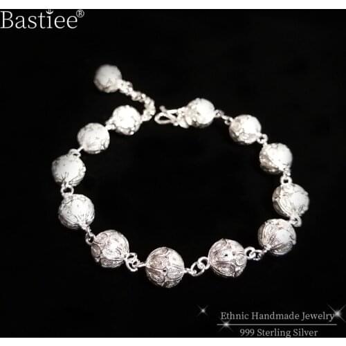 999 Sterling Silver Bracelets For Women Luxury Jewelry Handmade Ethnic bracelet femme armband pulseira feminina Hollow Out Beads