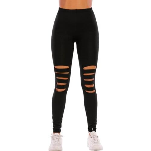 Lady high street fashion ripped leopard leggings women ankle skinny hole legging active bottom wear
