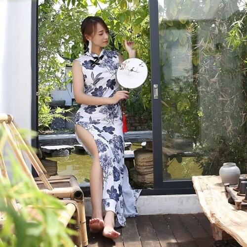 Chinese Traditional Costumes Women Tight Bodycon Dress Cheongsam Tang Suit Dragon&Phoenix Print Split Dress Sexy Kimono