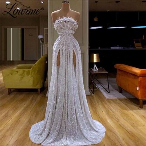 Beaded Strapless Prom Dresses 2020 Abendkleider Long Hot Sexy Custom Made Evening Dress Celebrity Party For Dubai Arabic Women