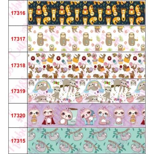 16mm-75mm Animal Series Cute Sloth Printed Grosgrain/Foe Ribbon Rainbow Candy DIY Party Decor Hair Band Making 50yards/roll