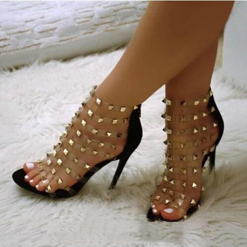 2020 Rivet Transparent Womens Sandals Zipper Gladiator Stiletto High Heels Plus Size 35-42 Rome Shoes For Women Summer Footwear