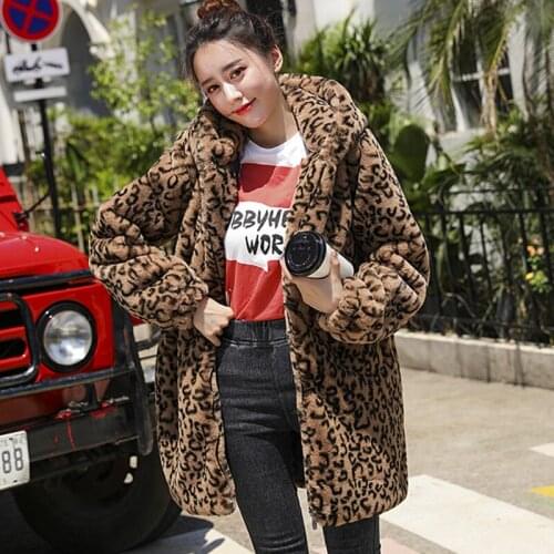 2020 Women Winter Medium-length Leopard Print Hooded Faux Fur Coat Women Female Winter Plush Outerwear