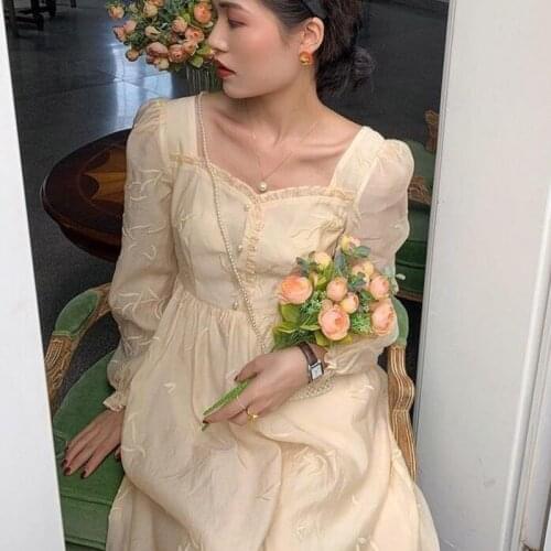 2021 Spring Autumn Midi Dress Women French Elegant Vintage Square Collar Long Puff Sleeve Party Chic Retro Dress