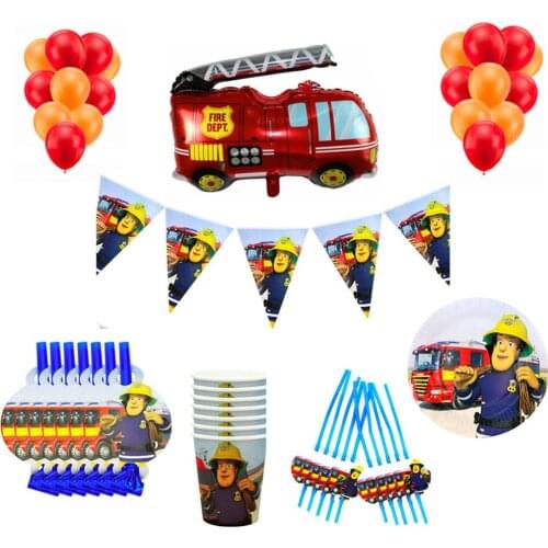 59Pcs Fireman Sam Theme Birthday Party Decorations Supply Fireman Baby Shower Disposable Tableware Balloons Banners Cups Plates