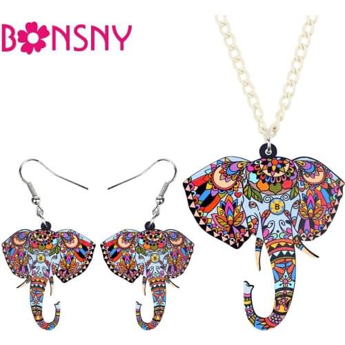 Bonsny Acrylic Jewelry Set Elephant Head Necklace Earrings Choker Collar Fashion Pendant For Women Girls Gift Decoration NE+EA
