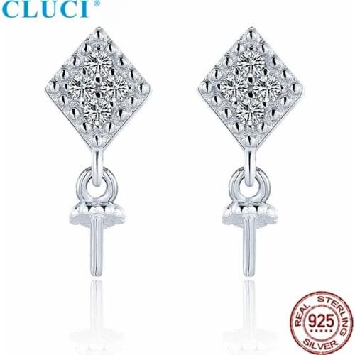 CLUCI 100% 925 Sterling Silver White Cubic Zircon Pearl Stud Earrings Fittings for Women Party Wedding Jewelry SE178SB