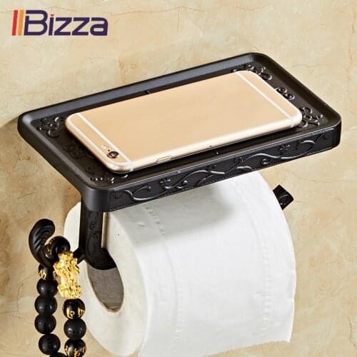 Vintage Carved Bathroom Mobile Phone Holder With Shelf Towel Rack Toilet Paper Holder Black Roll Tissue Boxes WC Stand Dispenser