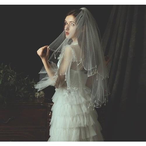 2 Layers Bridal Wedding Veil Tulle Whtie Ivory Short Eldow Veil Pearls Crystal Edge with Comb Elegant Accessories veu de noiva