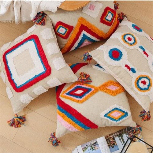 Geometric Tufted Cushion Cover Cotton Linen Embroidery Plush Pillowcase Woven Moroccan Throw Pillow Covers Decorative Home Sofa