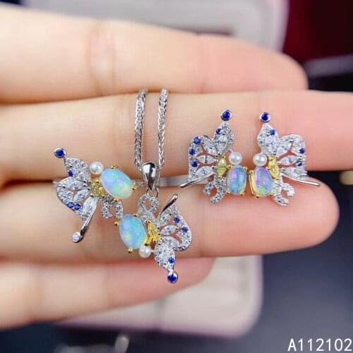 KJJEAXCMY fine jewelry 925 sterling silver inlaid natural opal Popular Butterfly Girl ring pendant eardrop set support test