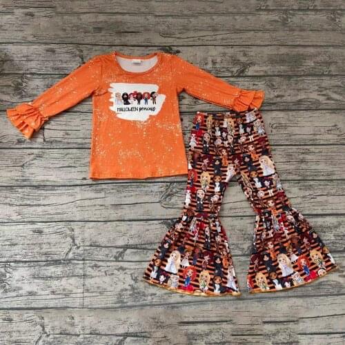 Spring/Fall Halloween Princess Long Sleeve Orange Milk Silk Shirt Bell Bottom Pants Set Baby Girl Boutique Clothing
