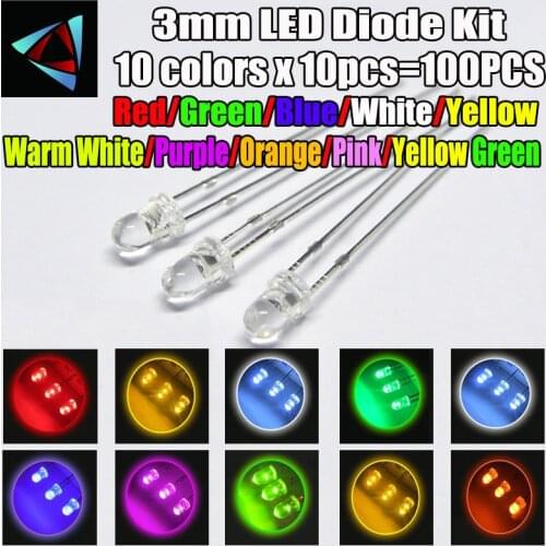 100pcs (10 colors x 10pcs) 3mm LED Diode Kit 3 mm 3V Set Light Emitting Warm White Green Red Blue Yellow Orange Purple UV Pink