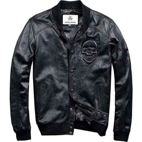 Genuine Leather jacket Mens Sheepskin Skull Motorcycle Jacket Spring Autumn Baseball Jacket Casual Leather Jacket