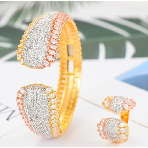 LARRAURI 3 Tone African Nigerian Bangle Ring Sets Wedding Jewelry sets Brand Trendy Ball Winding Indian Jewelry Set For Women