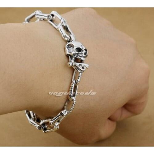 LINSION 925 Sterling Silver 5 Lengths Handmade Skull Bone Mens Biker Bracelet 8W008