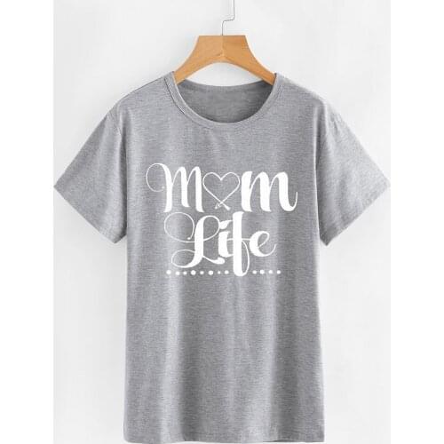 Mom life Letter Print Round Neck Short Sleeve Cotton Loose Fit T-shirt mother day gift heart women fashion tee goth tops- K739