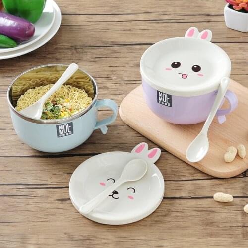 Stainless Steel Instant Noodle Bowl Cartoon Rabbit with Lid Tableware Set Dormitory Home Student Lunch Box Big Soup Bowl