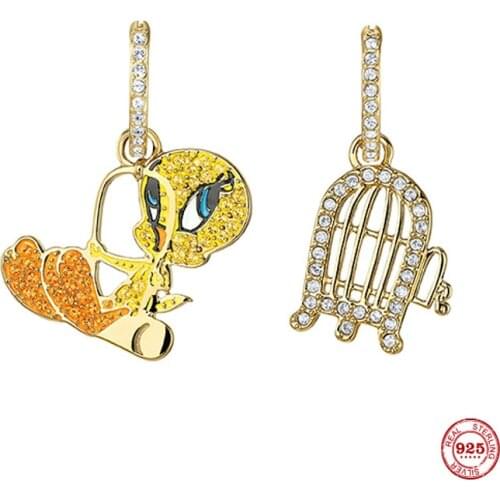 Fashion Charm Sterling Silver Original 1:1 Copy, Asymmetric Design Cute Canary Bird Cage Earrings Women Luxury Jewelry Gifts