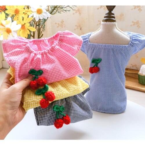 Pet dog clothes cat clothes Chihuahua spring and summer thin cool dog clothes lattice cherry medium and small dog Pullover