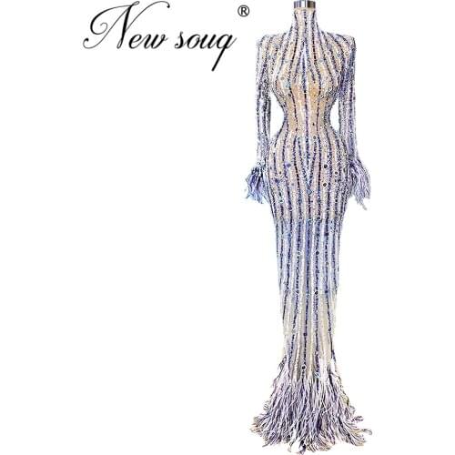 Arabic Feathers Prom Dresses Middle East Beaded Long Special Occasion Evening Gowns 2020 Custom Kaftans Islamic Party Dress Long